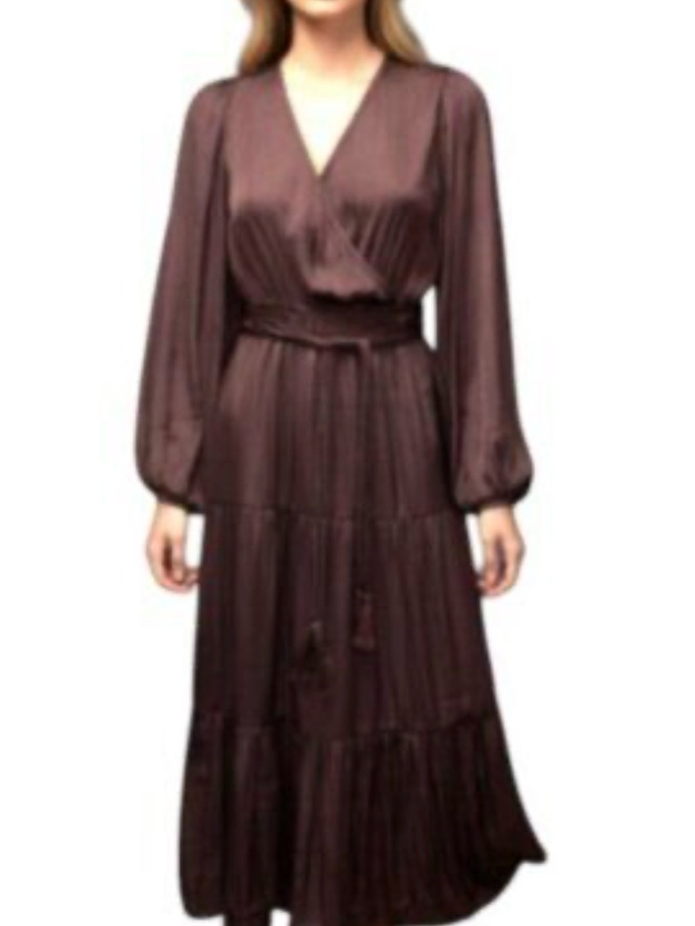 JOIE Wrap Tassel Tie Dress Brown  Satin Long Sleeve small